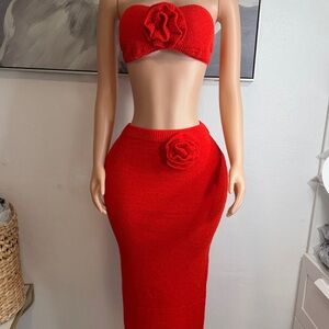 Fashion Nova Red Skirt Set with Floral Detail